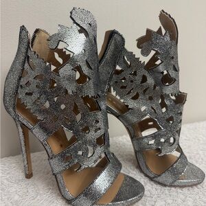 Metallic Silver Laser-Cut High Heel Sandals